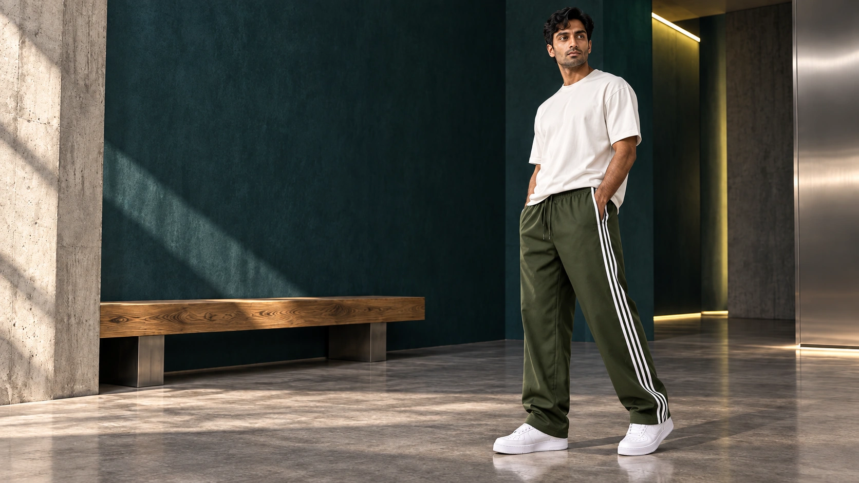 Model wearing olive three-stripe track pants in a dark teal gallery