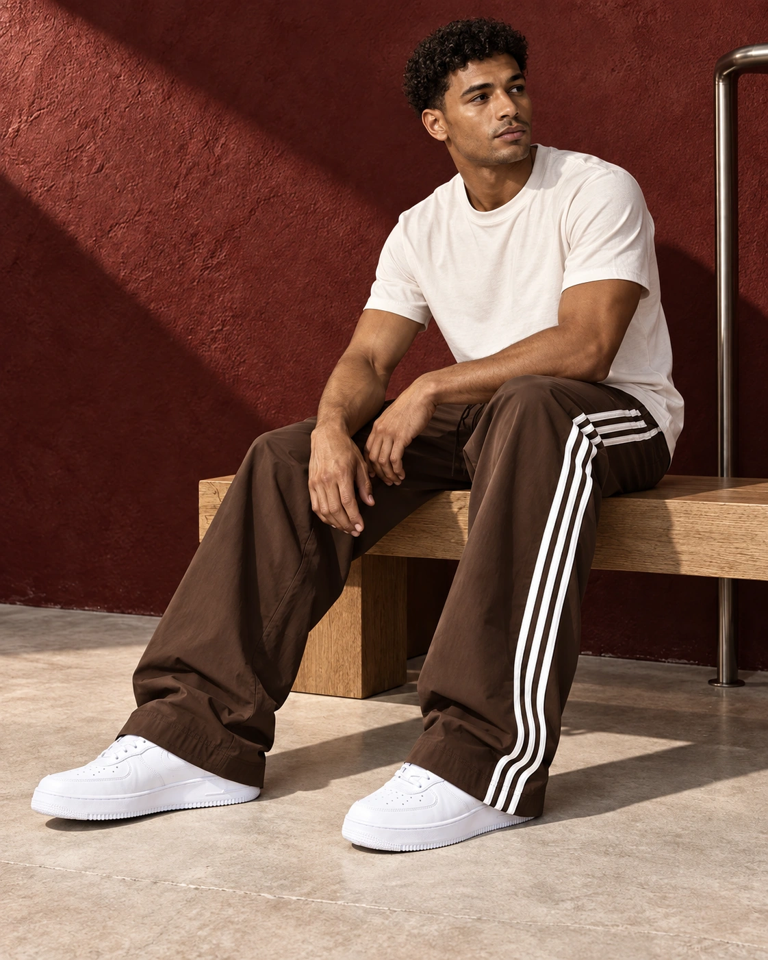 Model wearing cocoa-brown three-stripe track pants
