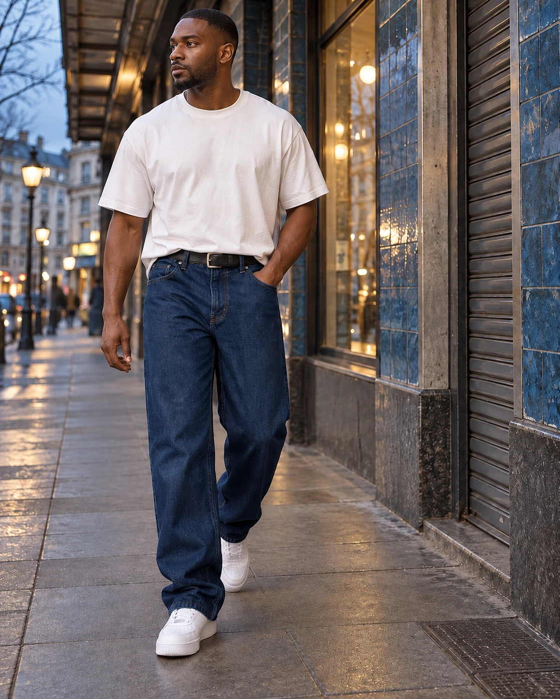 Model wearing relaxed indigo jeans