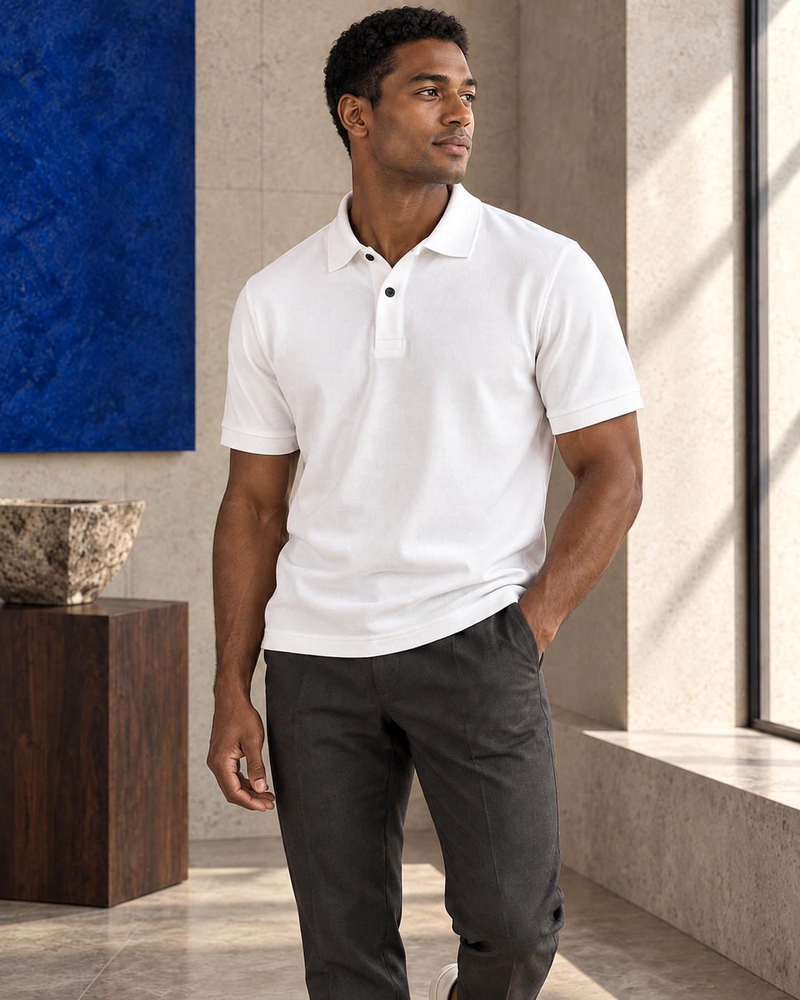 Model wearing a textured white polo