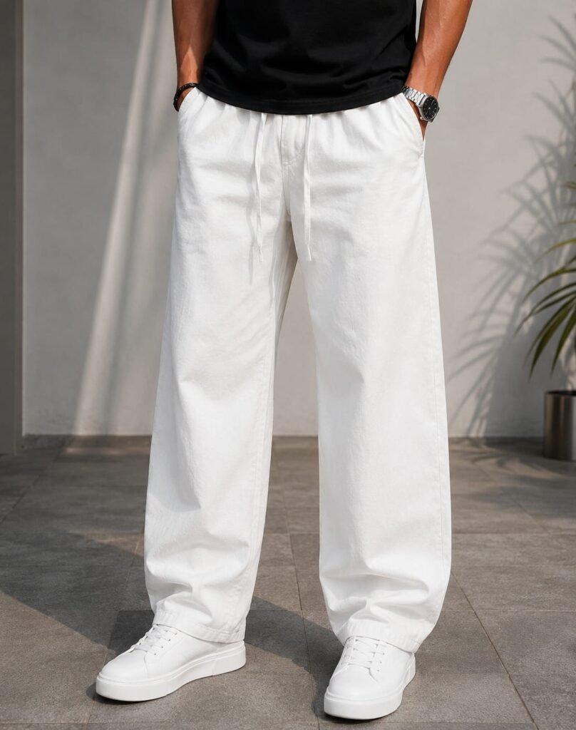 Linen Baggy Fit Pants — White