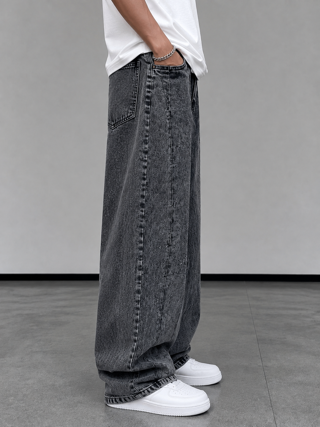Japanese Baggy Jeans – Two Tone Fringe Panel — Charcoal Grey - Image 2