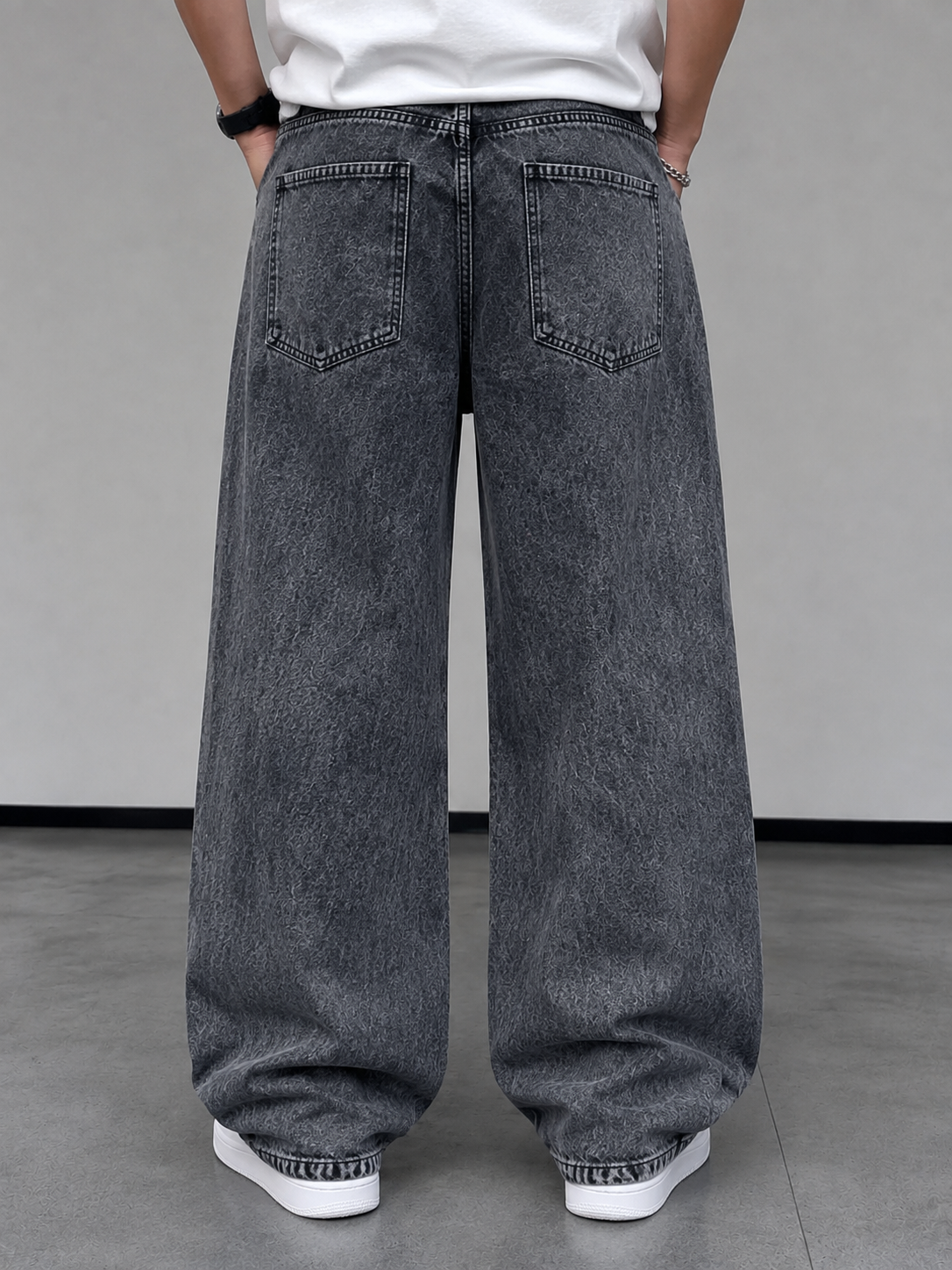 Japanese Baggy Jeans – Two Tone Fringe Panel — Charcoal Grey - Image 3