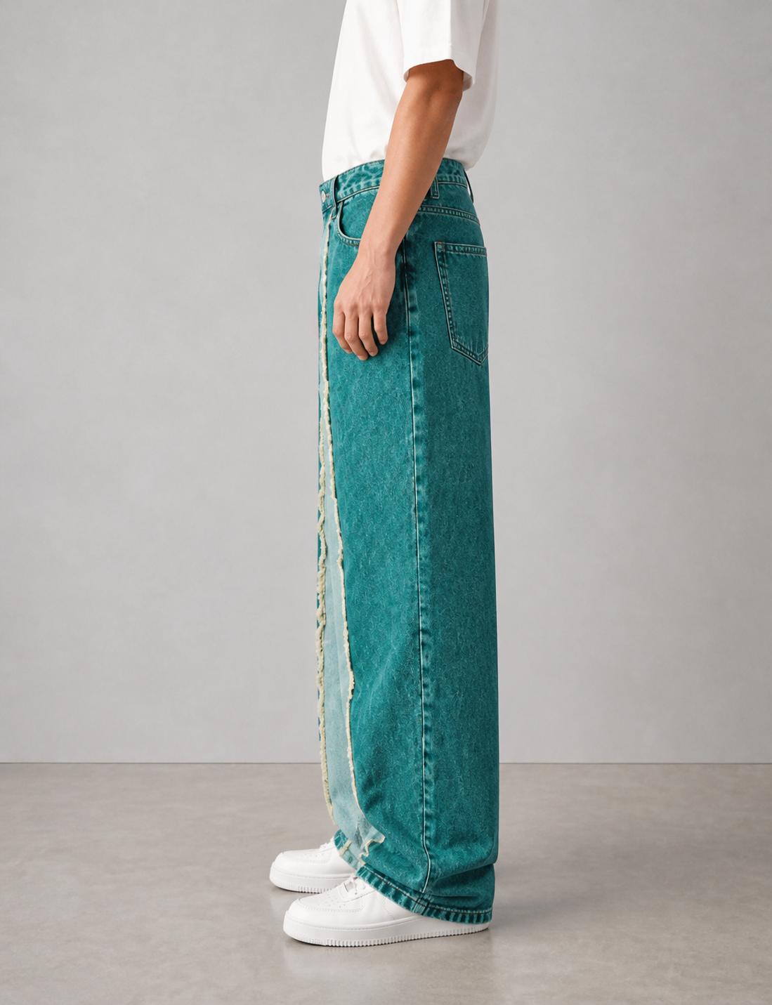 Japanese Baggy Jeans – Two Tone Fringe Panel — Teal Denim - Image 3