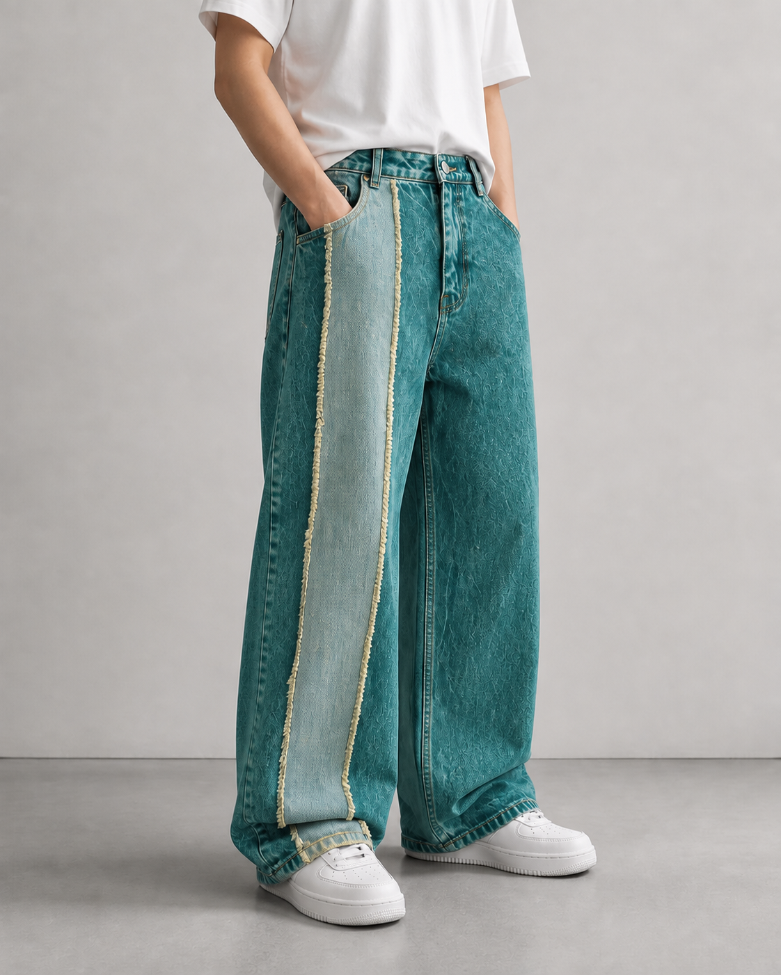 Japanese Baggy Jeans – Two Tone Fringe Panel — Teal Denim - Image 2