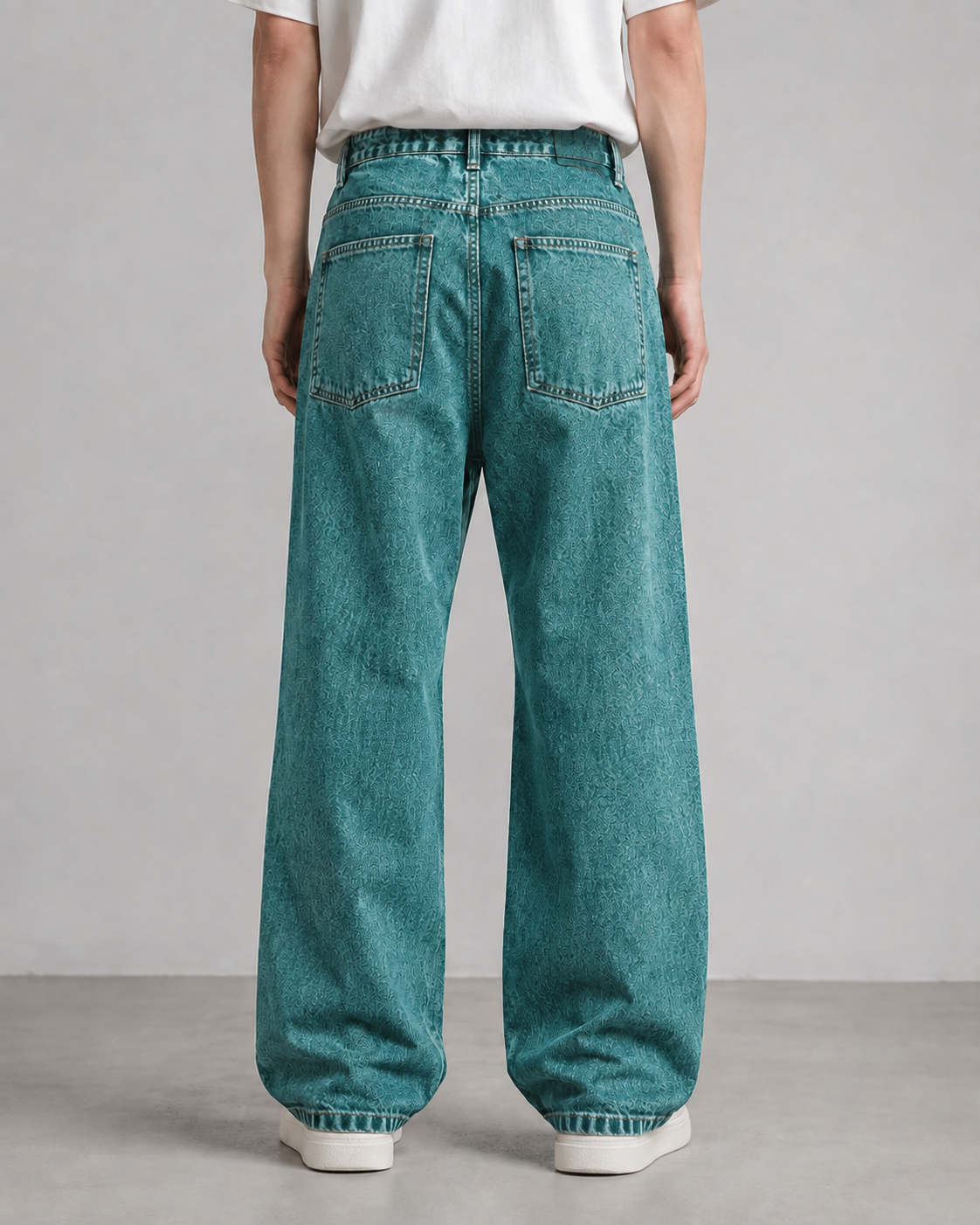 Japanese Baggy Jeans – Two Tone Fringe Panel — Teal Denim - Image 4