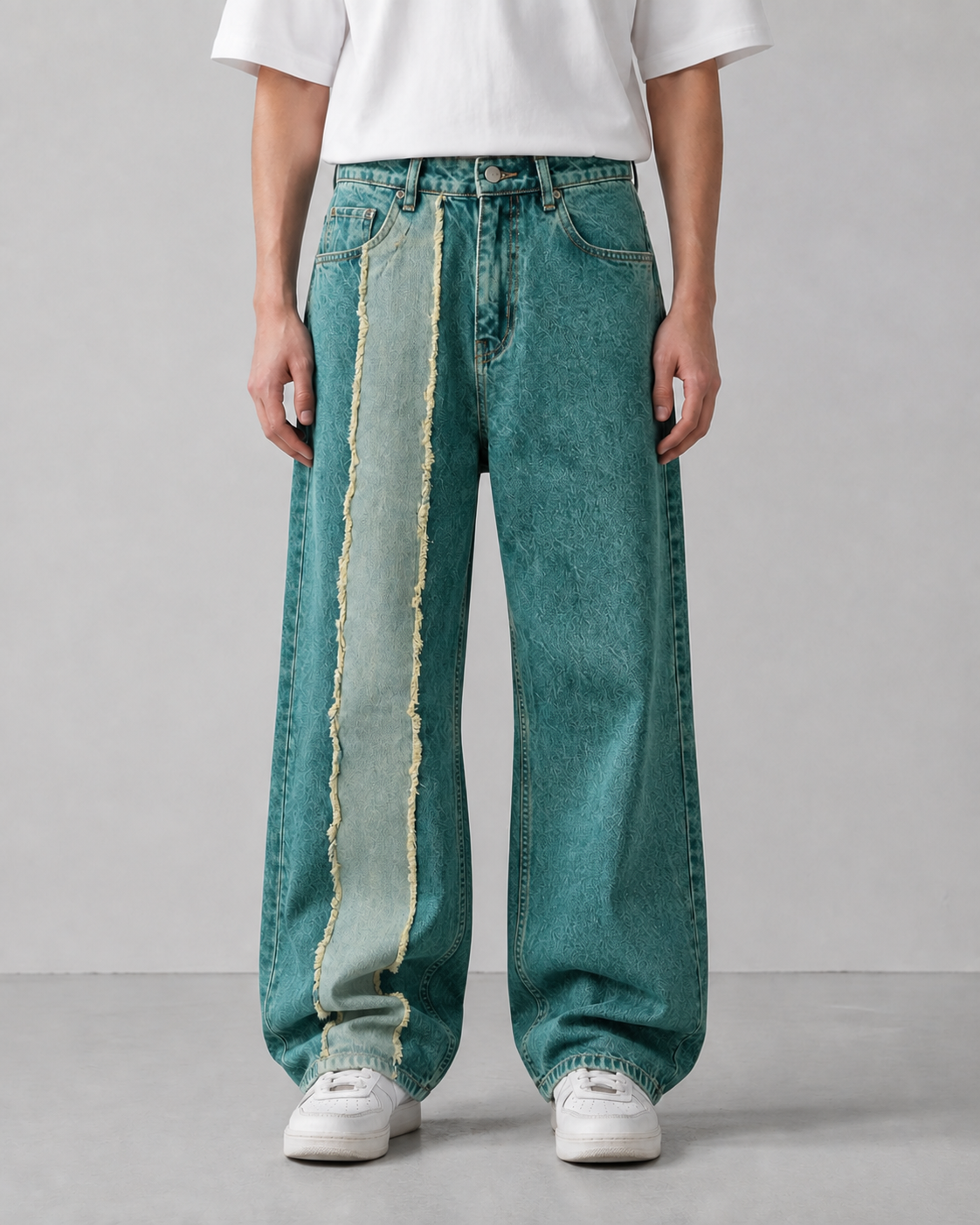 Japanese Baggy Jeans – Two Tone Fringe Panel — Teal Denim