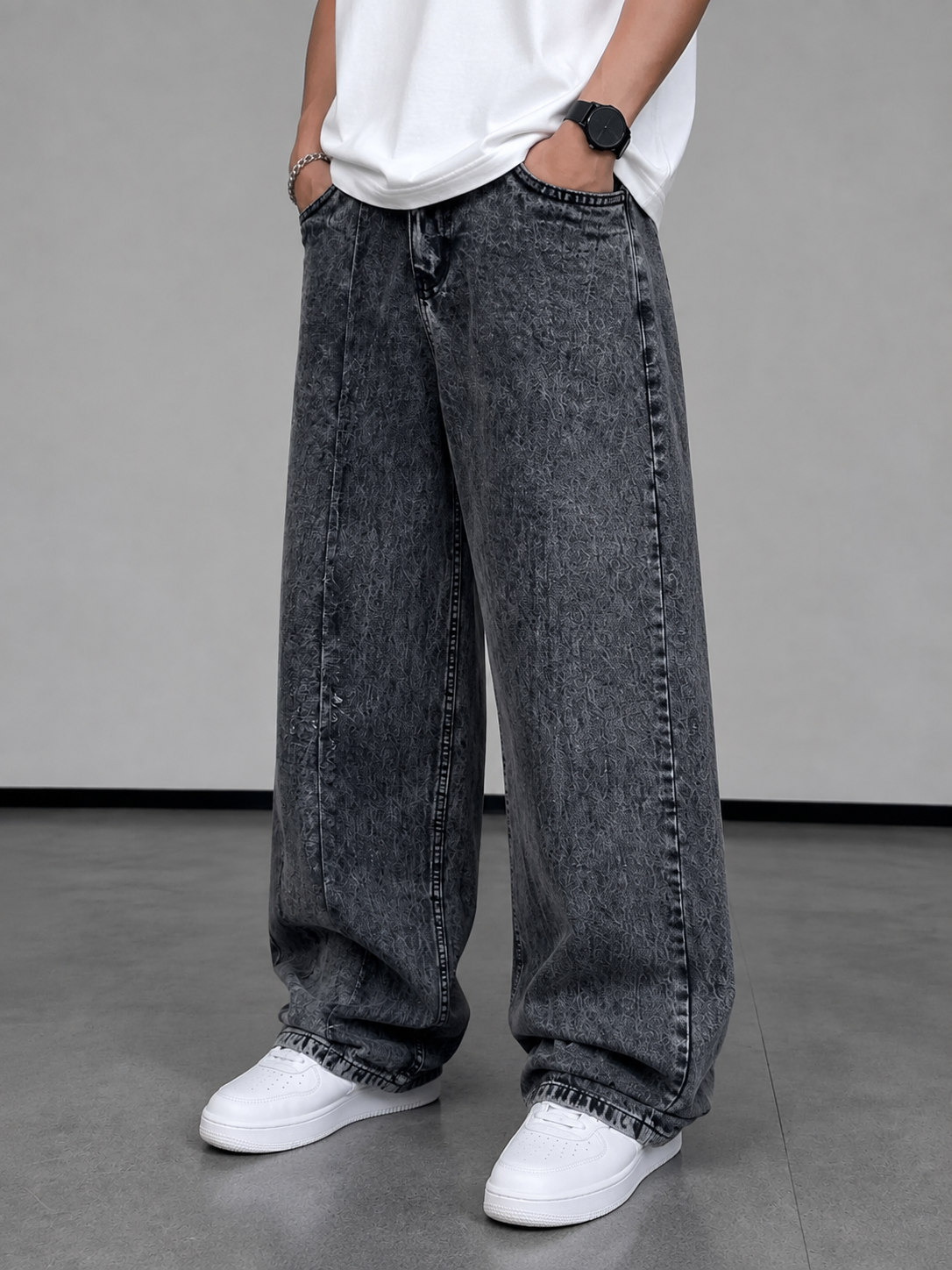 Japanese Baggy Jeans – Two Tone Fringe Panel — Charcoal Grey - Image 4