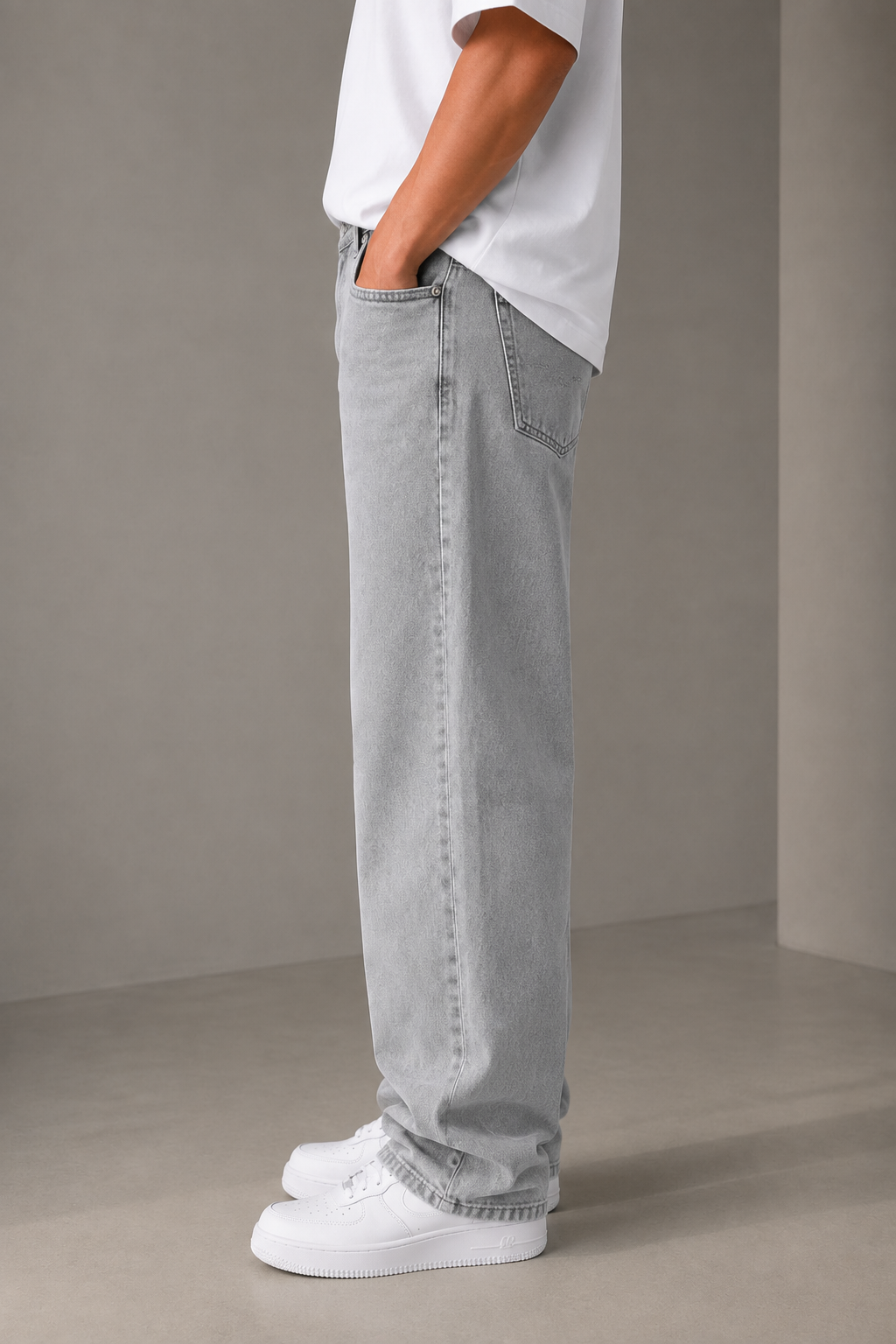Straight Fit Baggy Jeans — Light Grey - Image 2