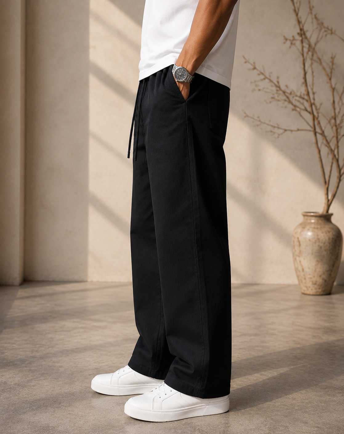 Linen Baggy Fit Pants — Black - Image 2