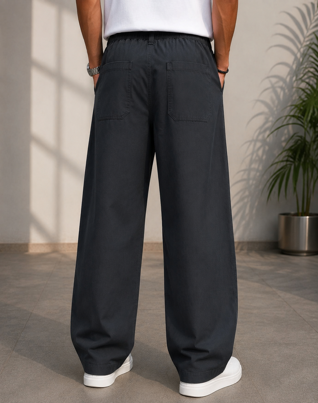 Linen Baggy Fit Pants — Charcoal - Image 2