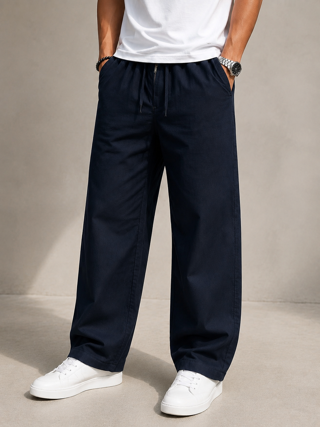 Linen Baggy Fit Pants — Navy - Image 3