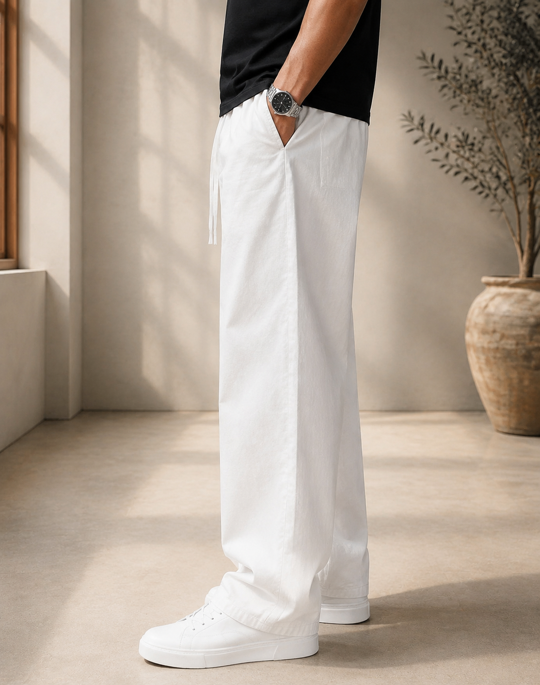 Linen Baggy Fit Pants — White - Image 3