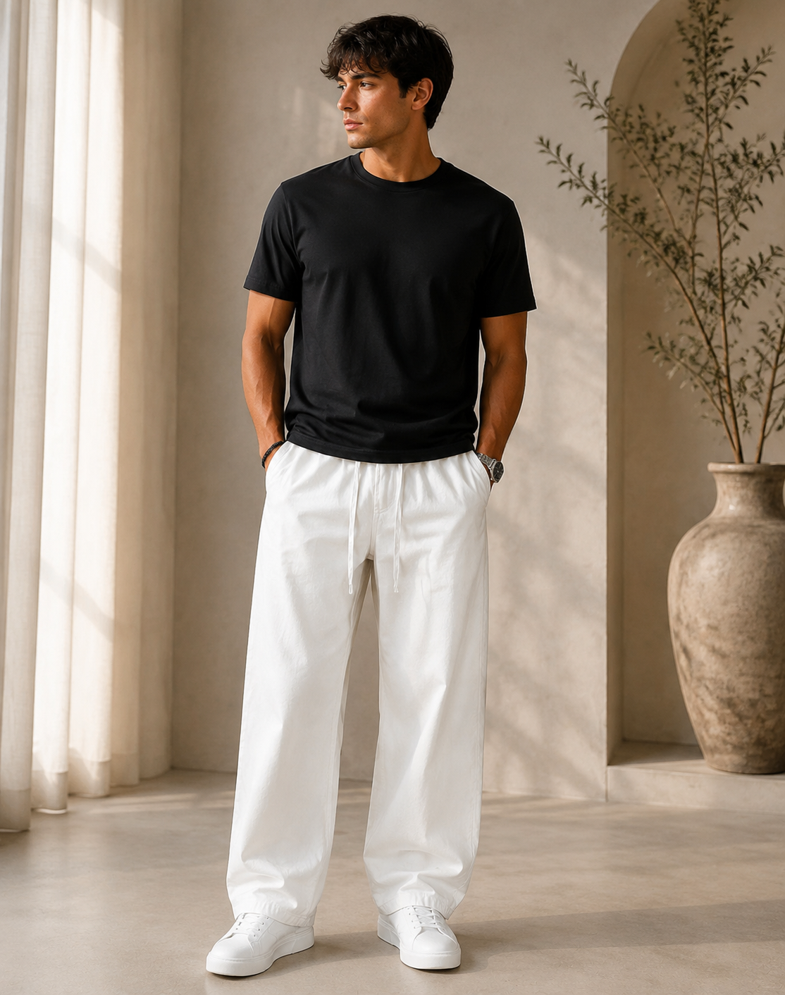 Linen Baggy Fit Pants — White - Image 4